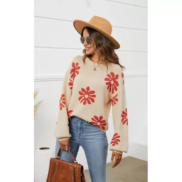 ECOWISH Women Valentine Heart Sweater V Neck Embroidery Knit Loose Casual Long Sleeve Ribbed Pullover Sweaters372 Beige