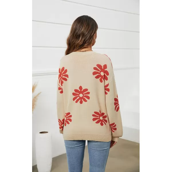 ECOWISH Women Valentine Heart Sweater V Neck Embroidery Knit Loose Casual Long Sleeve Ribbed Pullover Sweaters372 Beige