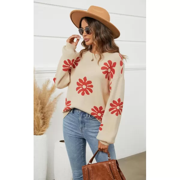 ECOWISH Women Valentine Heart Sweater V Neck Embroidery Knit Loose Casual Long Sleeve Ribbed Pullover Sweaters372 Beige