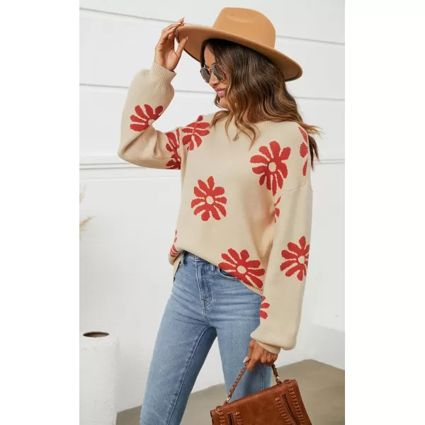 ECOWISH Women Valentine Heart Sweater V Neck Embroidery Knit Loose Casual Long Sleeve Ribbed Pullover Sweaters372 Beige