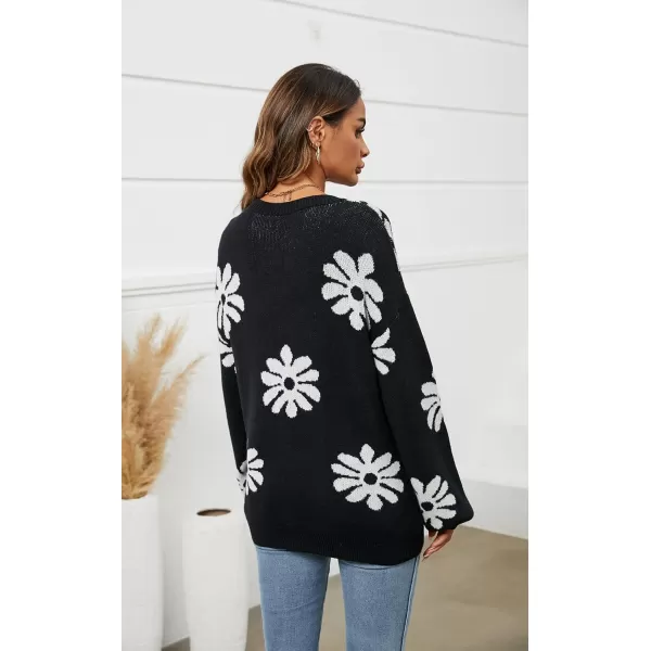 ECOWISH Women Valentine Heart Sweater V Neck Embroidery Knit Loose Casual Long Sleeve Ribbed Pullover Sweaters372 Black