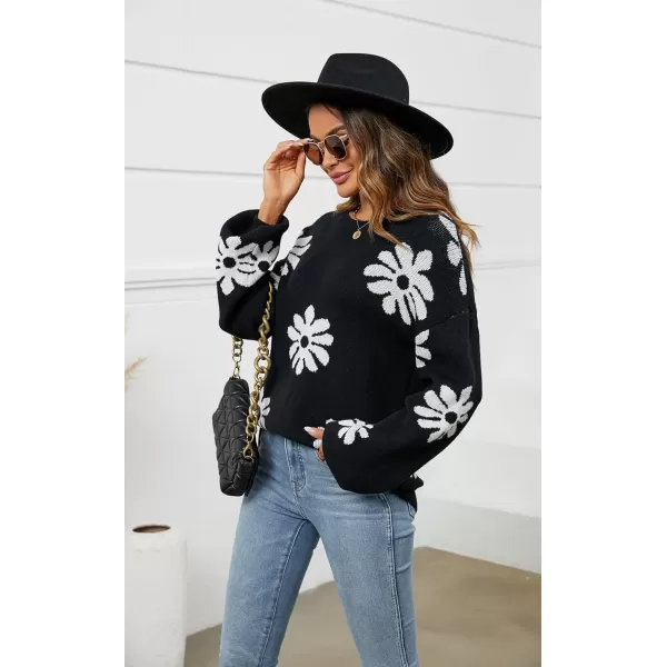 ECOWISH Women Valentine Heart Sweater V Neck Embroidery Knit Loose Casual Long Sleeve Ribbed Pullover Sweaters372 Black