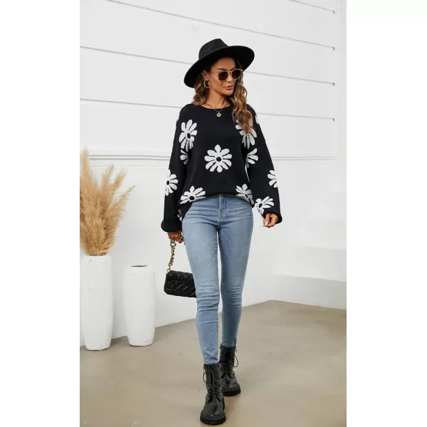 ECOWISH Women Valentine Heart Sweater V Neck Embroidery Knit Loose Casual Long Sleeve Ribbed Pullover Sweaters372 Black
