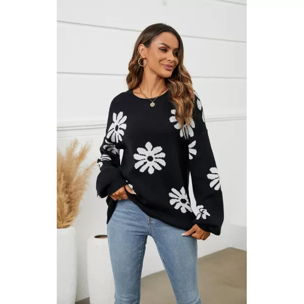 ECOWISH Women Valentine Heart Sweater V Neck Embroidery Knit Loose Casual Long Sleeve Ribbed Pullover Sweaters372 Black