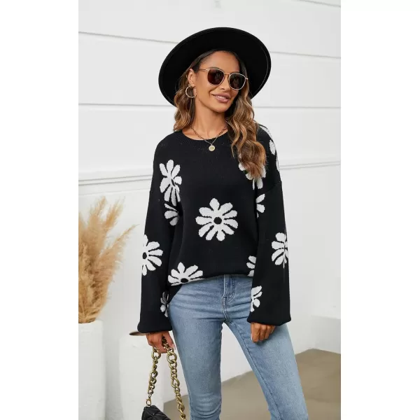 ECOWISH Women Valentine Heart Sweater V Neck Embroidery Knit Loose Casual Long Sleeve Ribbed Pullover Sweaters372 Black