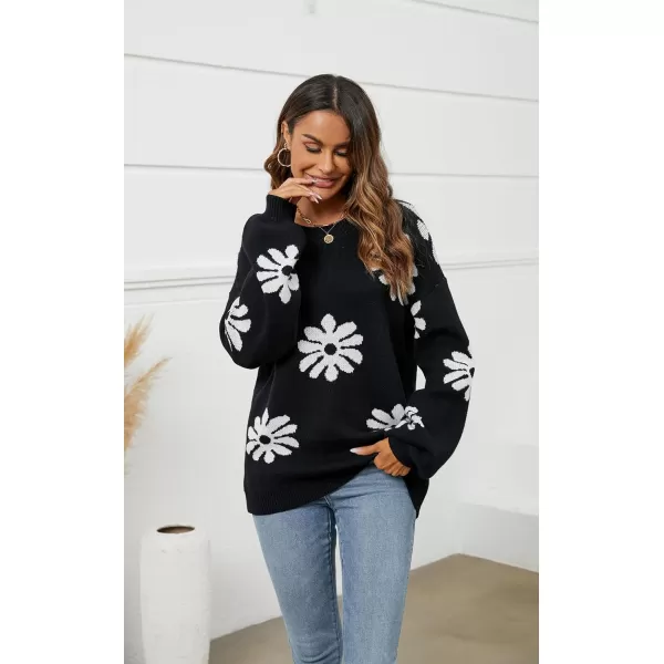 ECOWISH Women Valentine Heart Sweater V Neck Embroidery Knit Loose Casual Long Sleeve Ribbed Pullover Sweaters372 Black