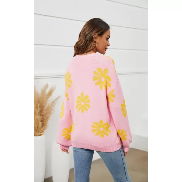 ECOWISH Women Valentine Heart Sweater V Neck Embroidery Knit Loose Casual Long Sleeve Ribbed Pullover Sweaters372 Pink