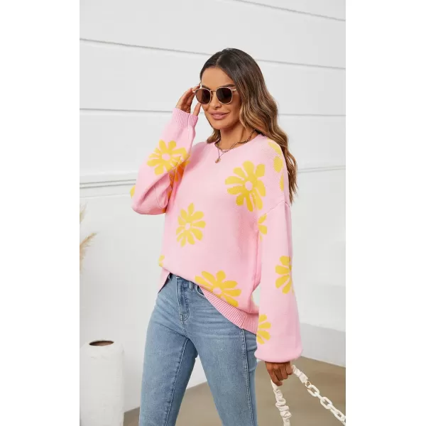 ECOWISH Women Valentine Heart Sweater V Neck Embroidery Knit Loose Casual Long Sleeve Ribbed Pullover Sweaters372 Pink