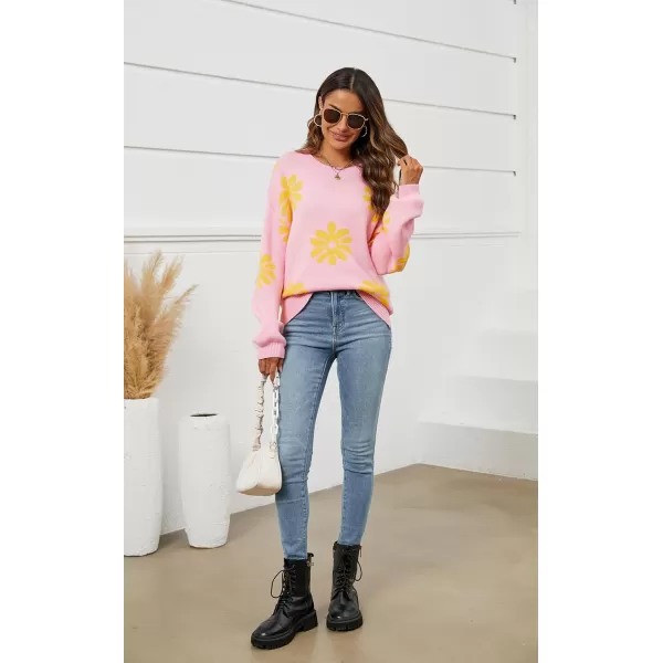 ECOWISH Women Valentine Heart Sweater V Neck Embroidery Knit Loose Casual Long Sleeve Ribbed Pullover Sweaters372 Pink