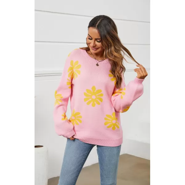 ECOWISH Women Valentine Heart Sweater V Neck Embroidery Knit Loose Casual Long Sleeve Ribbed Pullover Sweaters372 Pink
