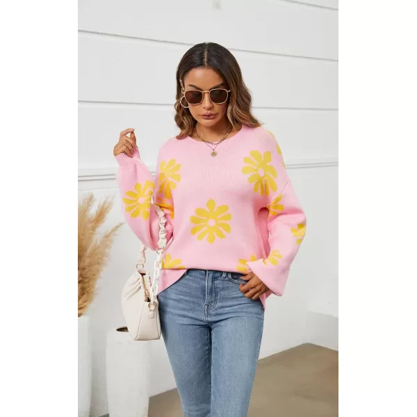 ECOWISH Women Valentine Heart Sweater V Neck Embroidery Knit Loose Casual Long Sleeve Ribbed Pullover Sweaters372 Pink