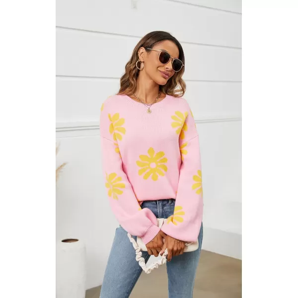 ECOWISH Women Valentine Heart Sweater V Neck Embroidery Knit Loose Casual Long Sleeve Ribbed Pullover Sweaters372 Pink