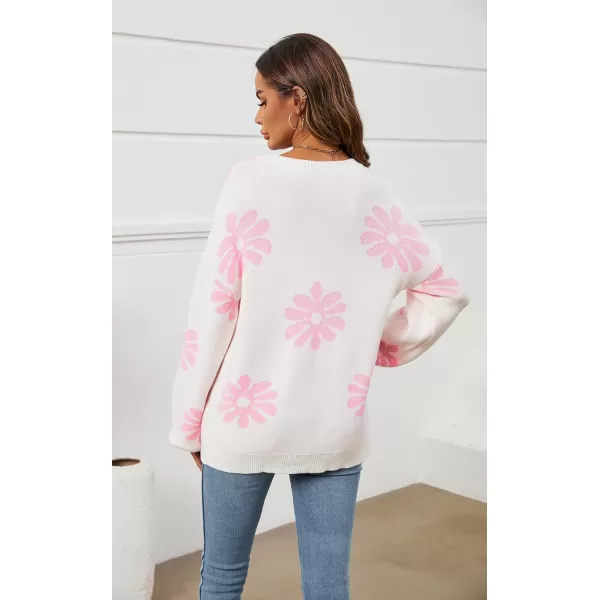 ECOWISH Women Valentine Heart Sweater V Neck Embroidery Knit Loose Casual Long Sleeve Ribbed Pullover Sweaters372 White