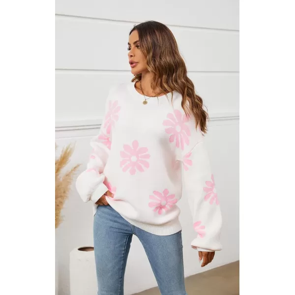 ECOWISH Women Valentine Heart Sweater V Neck Embroidery Knit Loose Casual Long Sleeve Ribbed Pullover Sweaters372 White