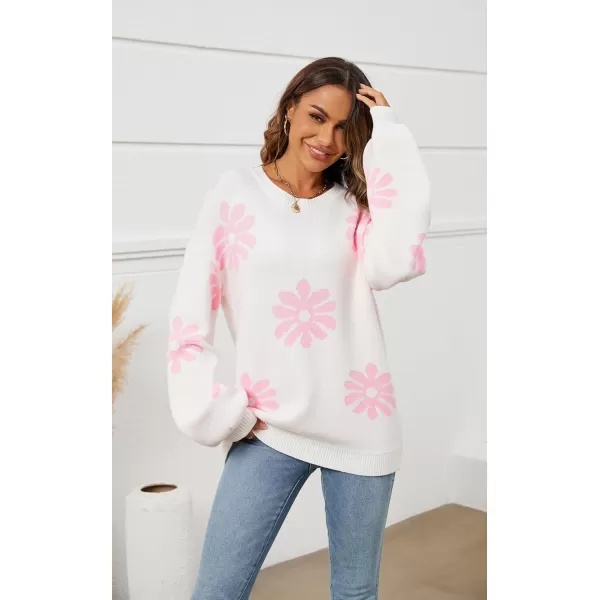 ECOWISH Women Valentine Heart Sweater V Neck Embroidery Knit Loose Casual Long Sleeve Ribbed Pullover Sweaters372 White