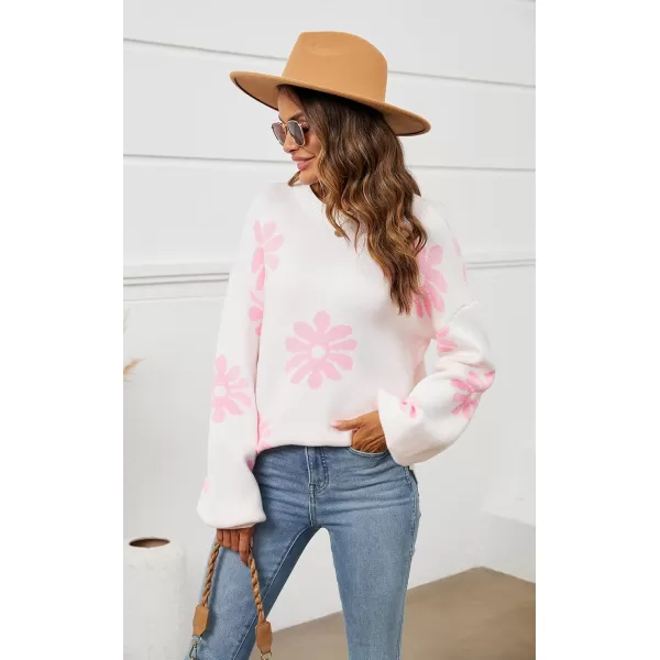 ECOWISH Women Valentine Heart Sweater V Neck Embroidery Knit Loose Casual Long Sleeve Ribbed Pullover Sweaters372 White