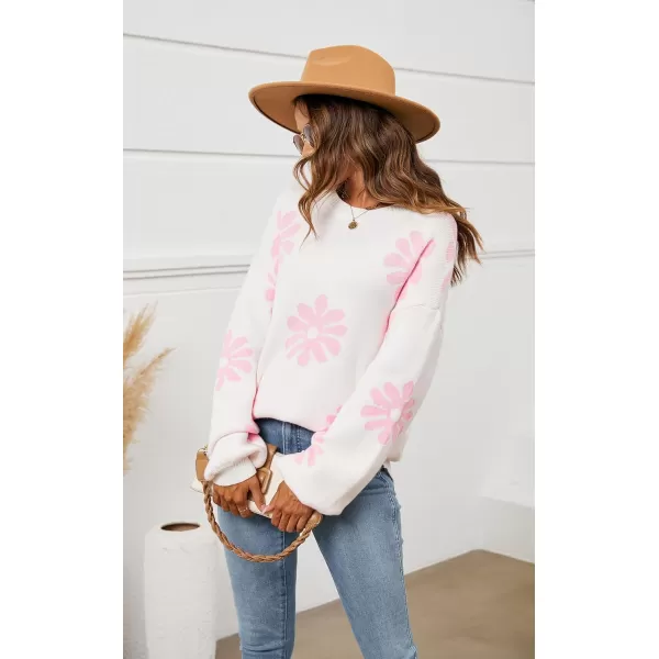 ECOWISH Women Valentine Heart Sweater V Neck Embroidery Knit Loose Casual Long Sleeve Ribbed Pullover Sweaters372 White