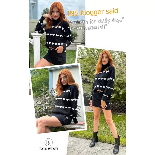 ECOWISH Women Valentine Heart Sweater V Neck Embroidery Knit Loose Casual Long Sleeve Ribbed Pullover Sweaters386 Black