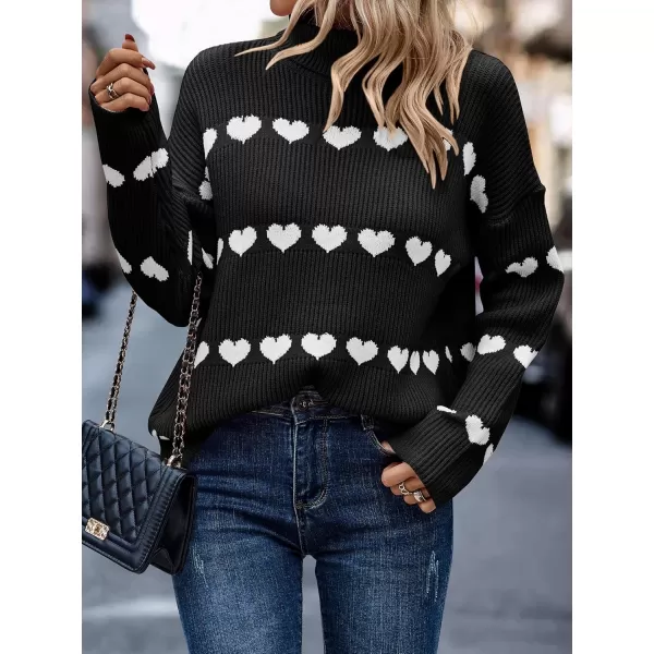 ECOWISH Women Valentine Heart Sweater V Neck Embroidery Knit Loose Casual Long Sleeve Ribbed Pullover Sweaters386 Black