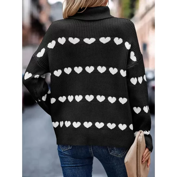 ECOWISH Women Valentine Heart Sweater V Neck Embroidery Knit Loose Casual Long Sleeve Ribbed Pullover Sweaters386 Black