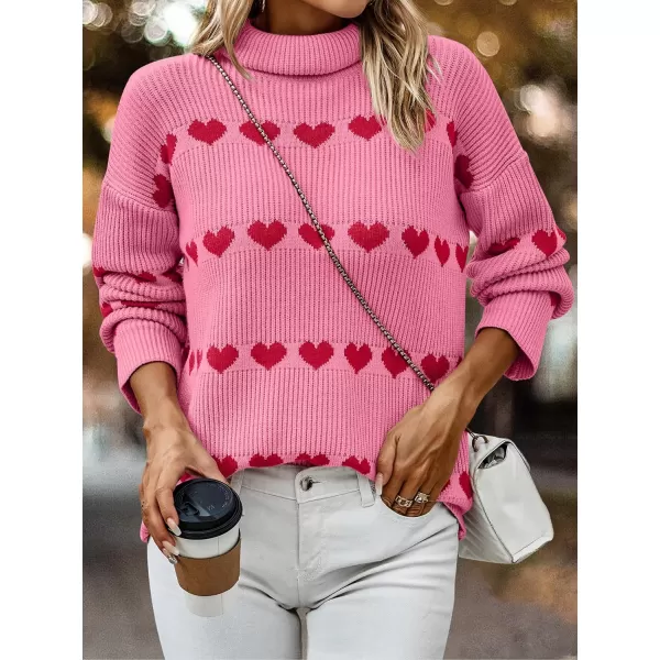 ECOWISH Women Valentine Heart Sweater V Neck Embroidery Knit Loose Casual Long Sleeve Ribbed Pullover Sweaters386 Pink