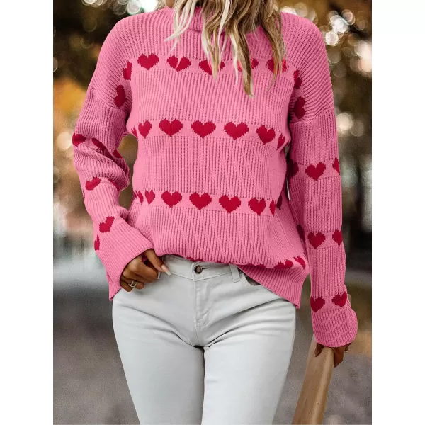 ECOWISH Women Valentine Heart Sweater V Neck Embroidery Knit Loose Casual Long Sleeve Ribbed Pullover Sweaters386 Pink