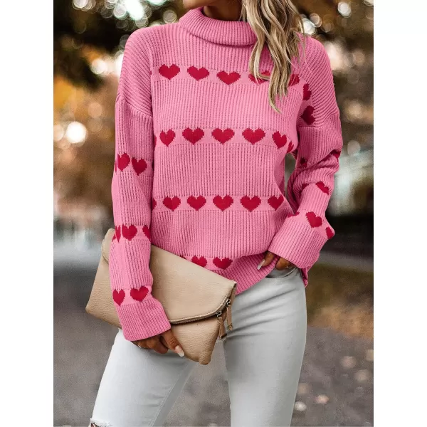ECOWISH Women Valentine Heart Sweater V Neck Embroidery Knit Loose Casual Long Sleeve Ribbed Pullover Sweaters386 Pink