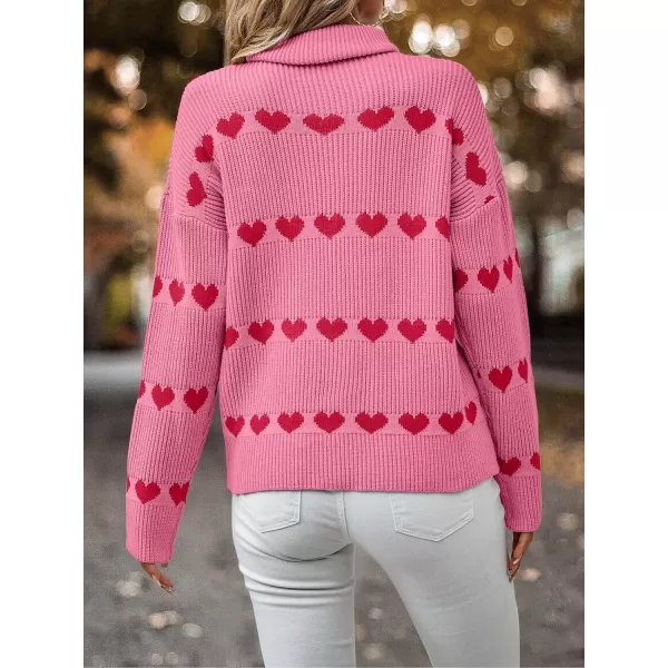 ECOWISH Women Valentine Heart Sweater V Neck Embroidery Knit Loose Casual Long Sleeve Ribbed Pullover Sweaters386 Pink