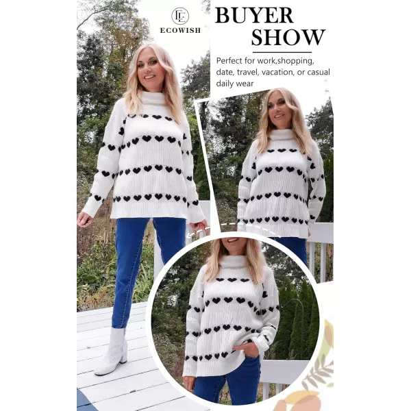 ECOWISH Women Valentine Heart Sweater V Neck Embroidery Knit Loose Casual Long Sleeve Ribbed Pullover Sweaters386 White Black