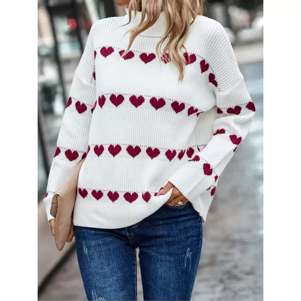 ECOWISH Women Valentine Heart Sweater V Neck Embroidery Knit Loose Casual Long Sleeve Ribbed Pullover Sweaters386 White Wine