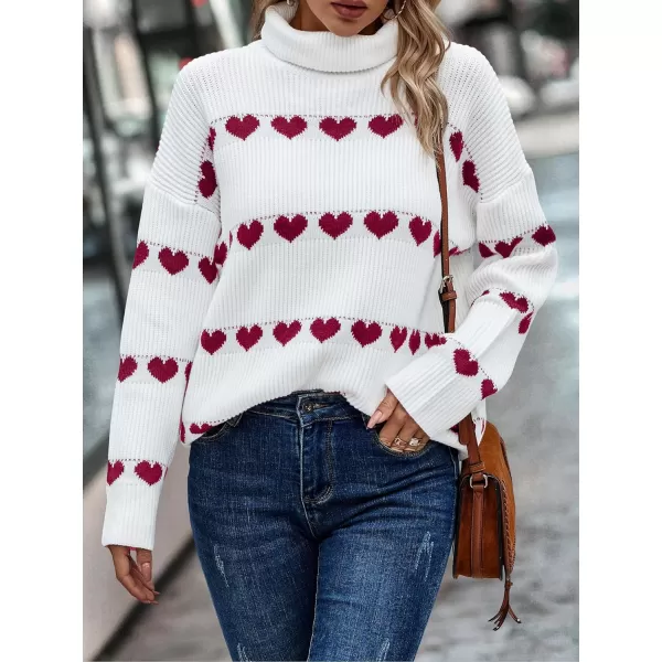 ECOWISH Women Valentine Heart Sweater V Neck Embroidery Knit Loose Casual Long Sleeve Ribbed Pullover Sweaters386 White Wine