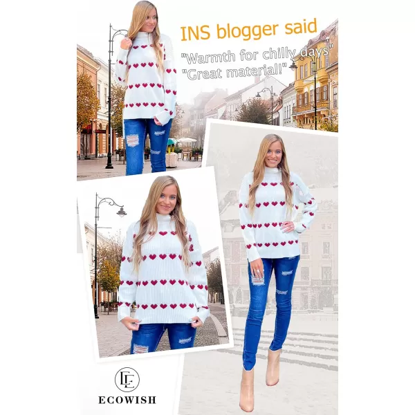 ECOWISH Women Valentine Heart Sweater V Neck Embroidery Knit Loose Casual Long Sleeve Ribbed Pullover Sweaters386 White Wine