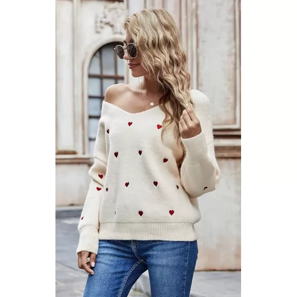 ECOWISH Women Valentine Heart Sweater V Neck Embroidery Knit Loose Casual Long Sleeve Ribbed Pullover SweatersBeige