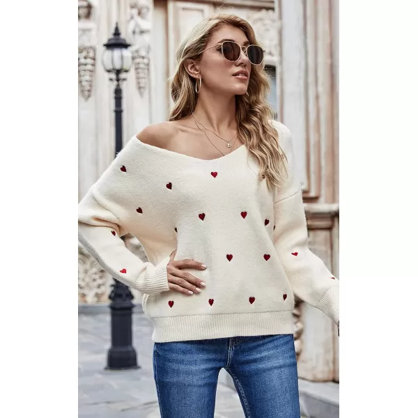 ECOWISH Women Valentine Heart Sweater V Neck Embroidery Knit Loose Casual Long Sleeve Ribbed Pullover SweatersBeige