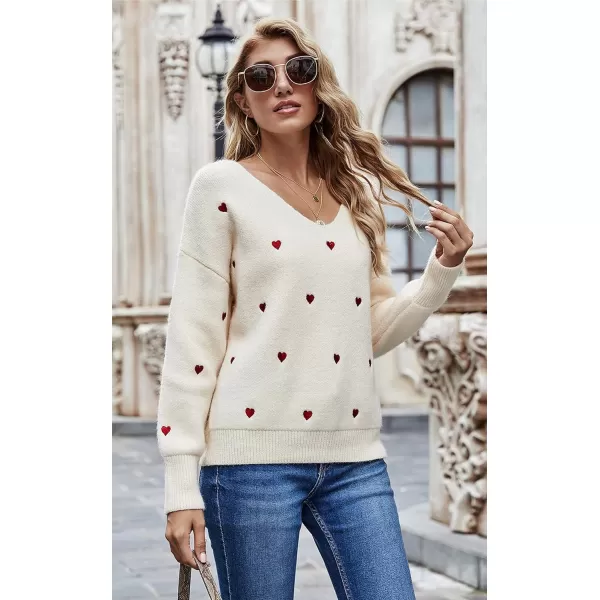ECOWISH Women Valentine Heart Sweater V Neck Embroidery Knit Loose Casual Long Sleeve Ribbed Pullover SweatersBeige