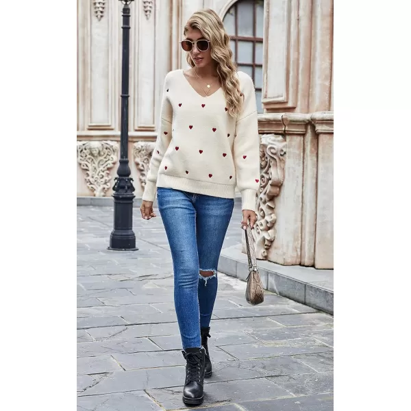 ECOWISH Women Valentine Heart Sweater V Neck Embroidery Knit Loose Casual Long Sleeve Ribbed Pullover SweatersBeige