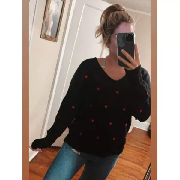 ECOWISH Women Valentine Heart Sweater V Neck Embroidery Knit Loose Casual Long Sleeve Ribbed Pullover SweatersBlack