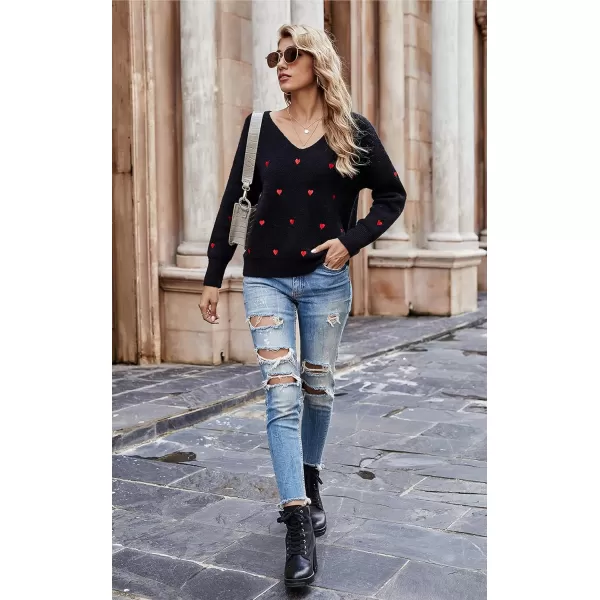 ECOWISH Women Valentine Heart Sweater V Neck Embroidery Knit Loose Casual Long Sleeve Ribbed Pullover SweatersBlack