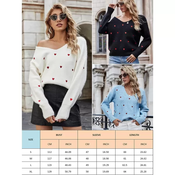 ECOWISH Women Valentine Heart Sweater V Neck Embroidery Knit Loose Casual Long Sleeve Ribbed Pullover SweatersGreen