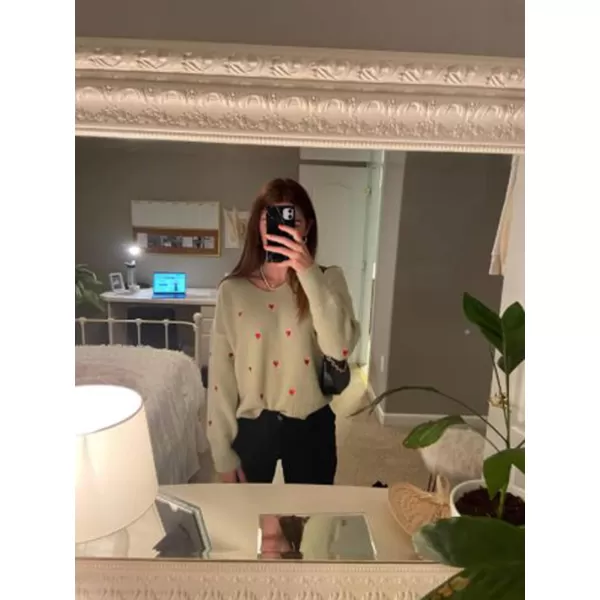 ECOWISH Women Valentine Heart Sweater V Neck Embroidery Knit Loose Casual Long Sleeve Ribbed Pullover SweatersGreen