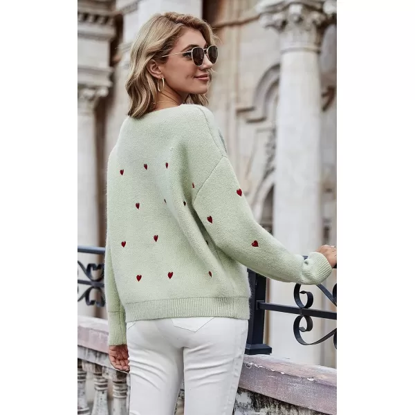 ECOWISH Women Valentine Heart Sweater V Neck Embroidery Knit Loose Casual Long Sleeve Ribbed Pullover SweatersGreen