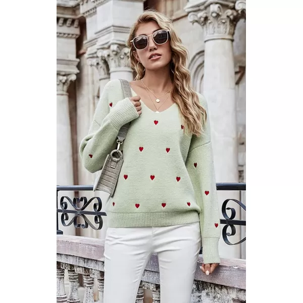 ECOWISH Women Valentine Heart Sweater V Neck Embroidery Knit Loose Casual Long Sleeve Ribbed Pullover SweatersGreen