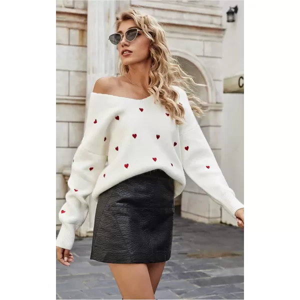 ECOWISH Women Valentine Heart Sweater V Neck Embroidery Knit Loose Casual Long Sleeve Ribbed Pullover SweatersWhite