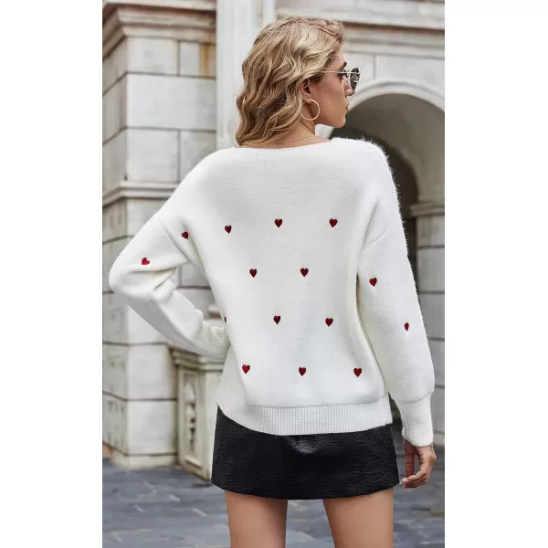 ECOWISH Women Valentine Heart Sweater V Neck Embroidery Knit Loose Casual Long Sleeve Ribbed Pullover SweatersWhite