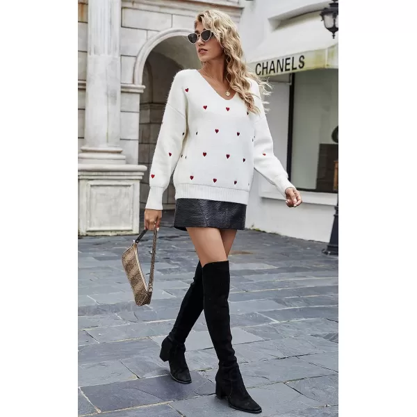 ECOWISH Women Valentine Heart Sweater V Neck Embroidery Knit Loose Casual Long Sleeve Ribbed Pullover SweatersWhite