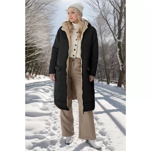 ECOWISH Women Winter Puffer Jacket  Reversible Fur Fleece Lined Hood Zip Sherpa Coat Parka Padded Long OuterwearBlack
