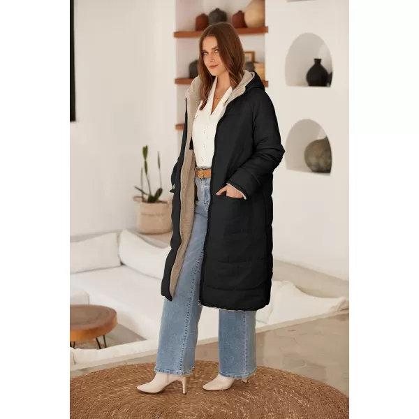ECOWISH Women Winter Puffer Jacket  Reversible Fur Fleece Lined Hood Zip Sherpa Coat Parka Padded Long OuterwearBlack