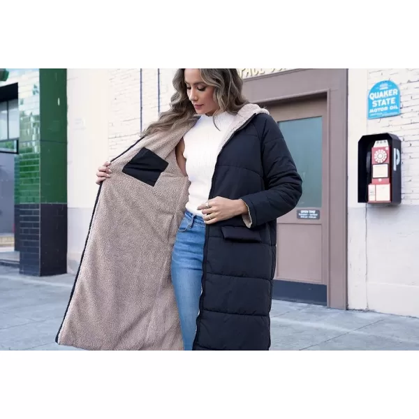 ECOWISH Women Winter Puffer Jacket  Reversible Fur Fleece Lined Hood Zip Sherpa Coat Parka Padded Long OuterwearBlack