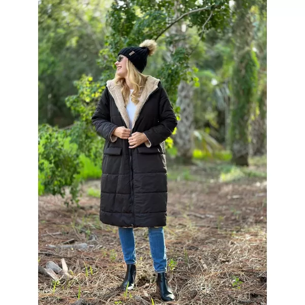 ECOWISH Women Winter Puffer Jacket  Reversible Fur Fleece Lined Hood Zip Sherpa Coat Parka Padded Long OuterwearBlack