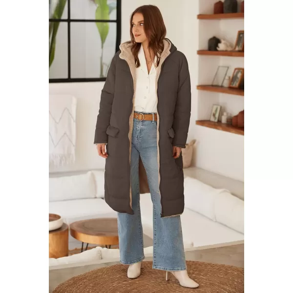 ECOWISH Women Winter Puffer Jacket  Reversible Fur Fleece Lined Hood Zip Sherpa Coat Parka Padded Long OuterwearDark Coffee